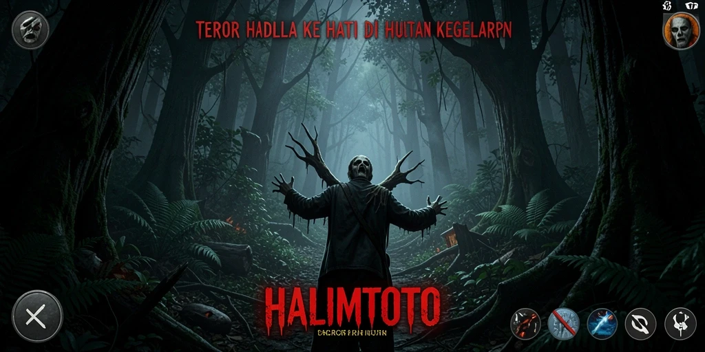 Tampilan antarmuka HALIMTOTO dengan hutan menyeramkan.